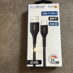 Riviera Black USB-C to USB-A Nylon Braided Charging Cable - 5FT